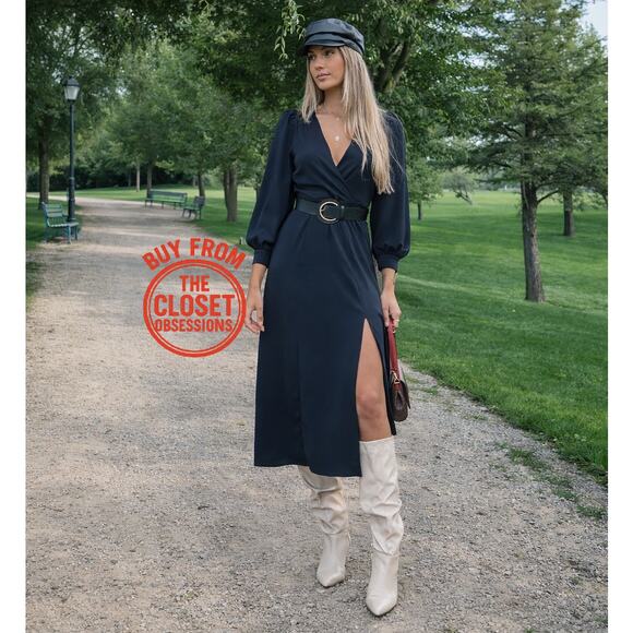 ZARA Black Belted Midi Dress NWT | Blogger Favorite | Long Sleeve Split Hem - Picture 3 of 14